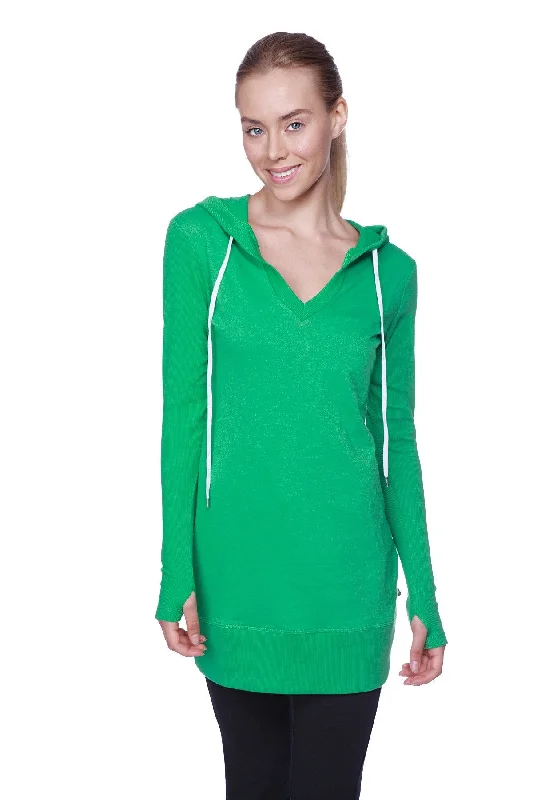 Women's Long Body Hoodie Top (Solid Bamboo Green) Hoodie with Tied Waist Feminine Flattering