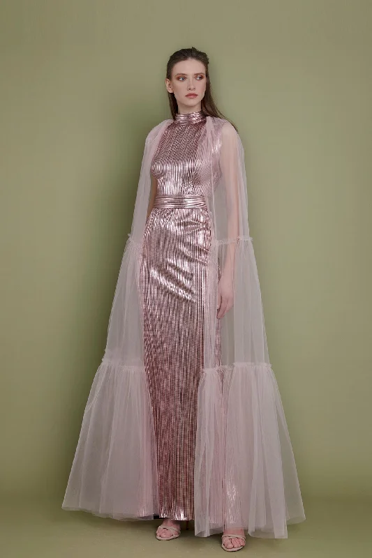 Fully pleated dress featuring tiered tulle cape Turtleneck Warm Winter