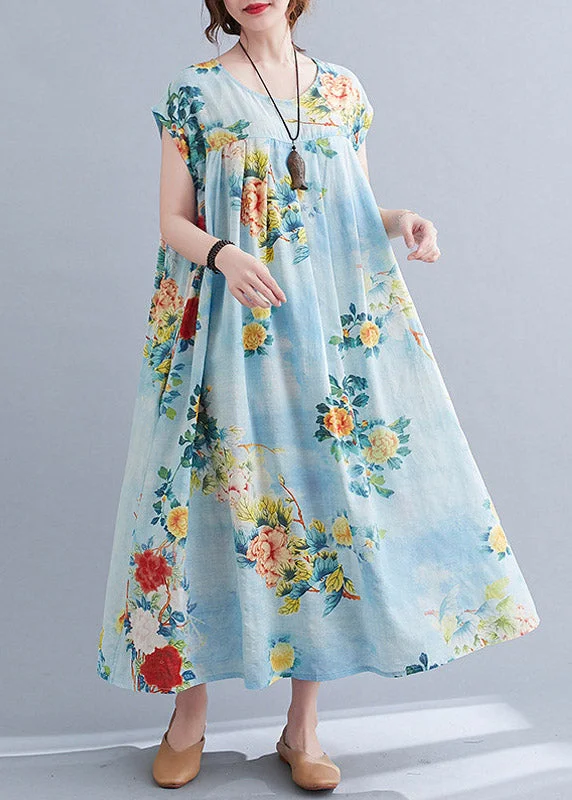 Vintage Flower Number Five O-Neck Print Pockets Wrinkled Cotton Long Dress Short Sleeve Pencil Office Professional