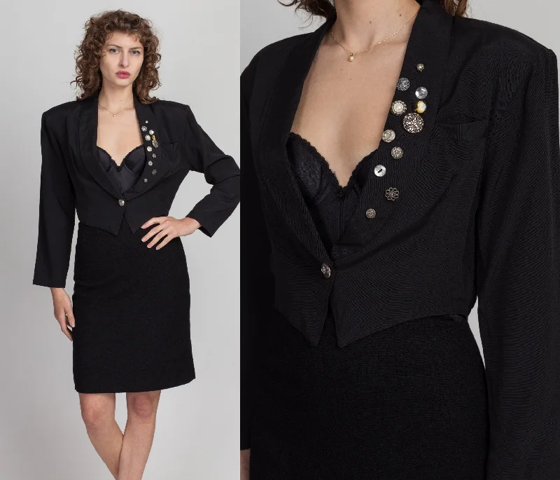 80s 90s Black Decorative Button Cropped Blazer - Small High-End Women's Suit