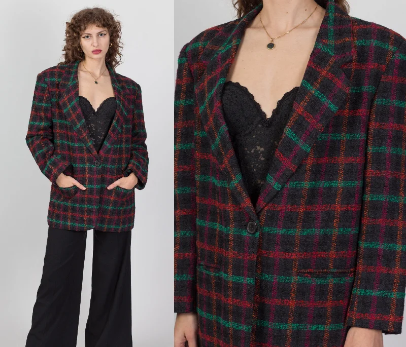 80s Plaid Tweed Longline Blazer - Large Silk Women's Blazer