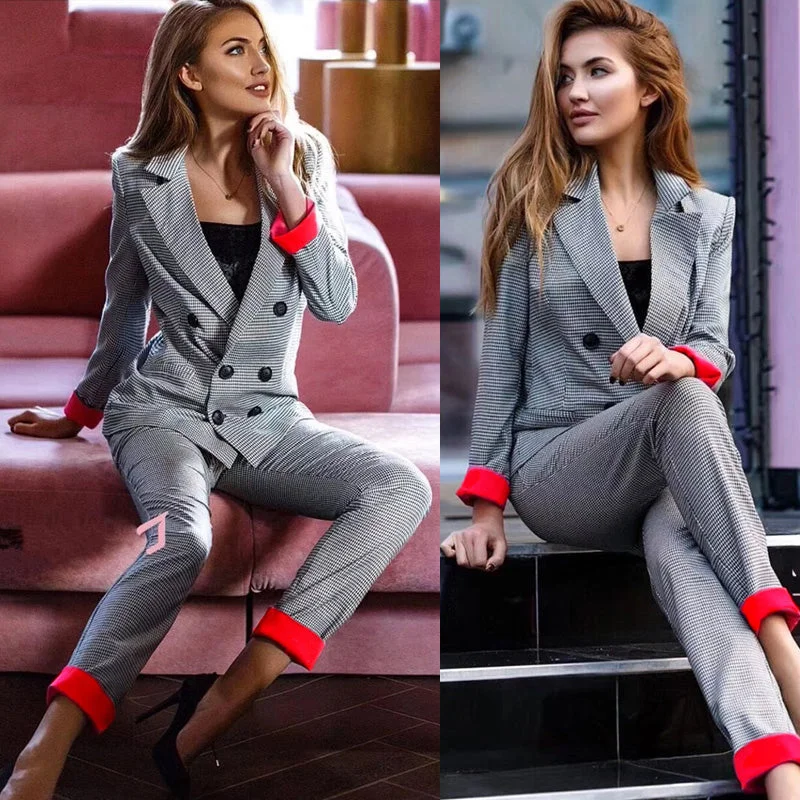 Chic costume Autumn Double Breasted Office Ladies Plaid Blazer suits sets Fashion Women Cuff roll long pants blazers sets Women's High-End Blazer