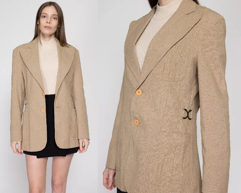 Large 70s Tan Linen Blazer Women's Elegant Jacket