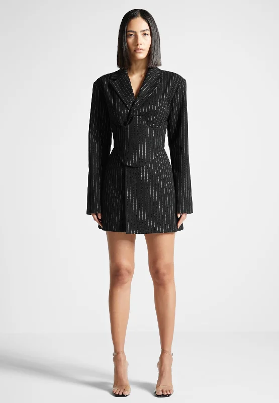 Pinstripe Blazer Dress with Reversible Corset - Black Women's Luxurious Suit