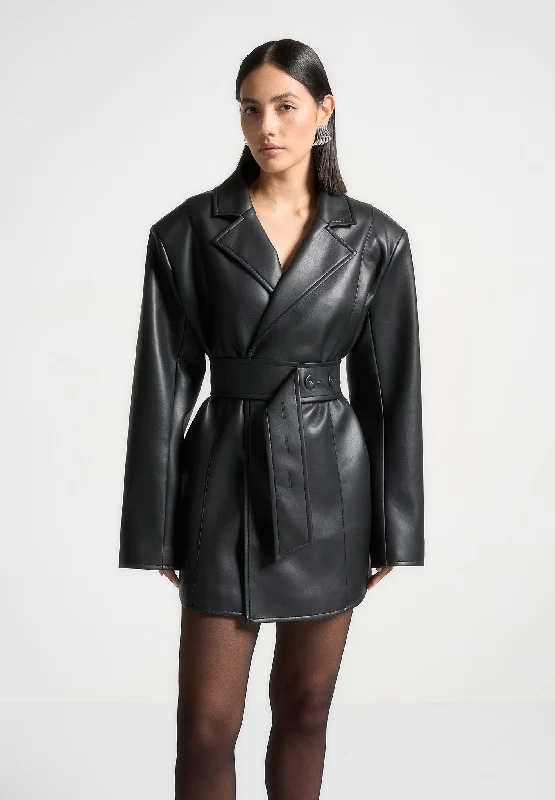 Leather Oversized Belted Blazer Dress - Black Women's Fashion Blazer