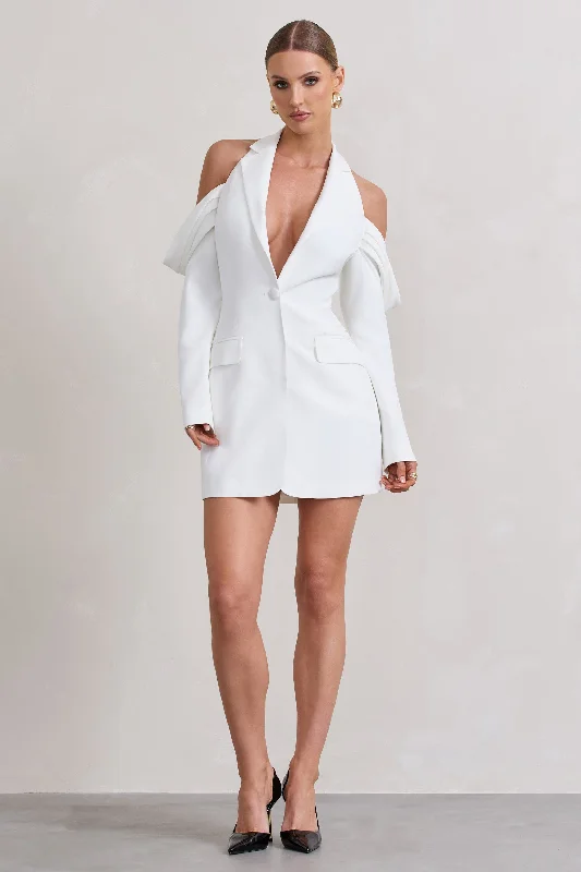 Your Night | White Plunge Draped Blazer Dress Women's Elegant Blazer