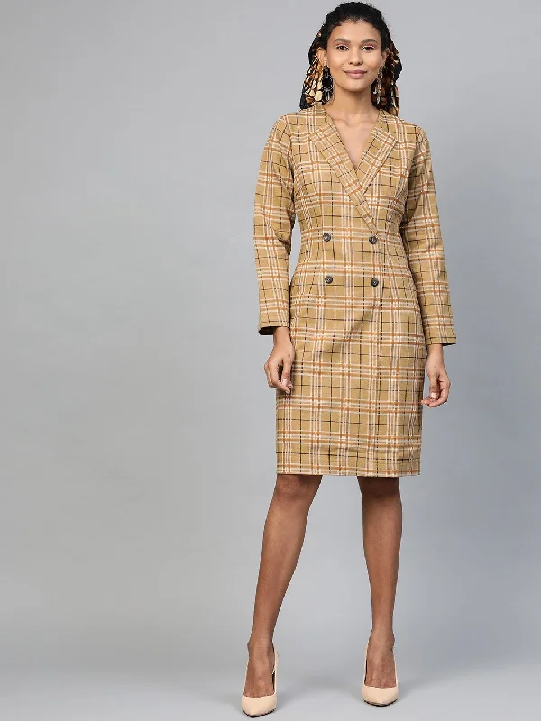 Women's Beige Check Wrap Twill Blazer Dress - SASSAFRAS Fashion Women's Blazer