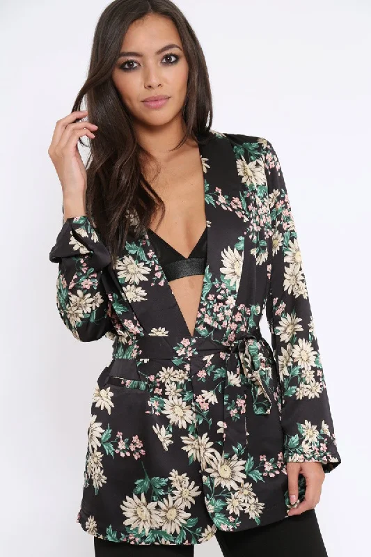 Black Floral Satin Blazer Dress - Erica Women's Vintage Jacket