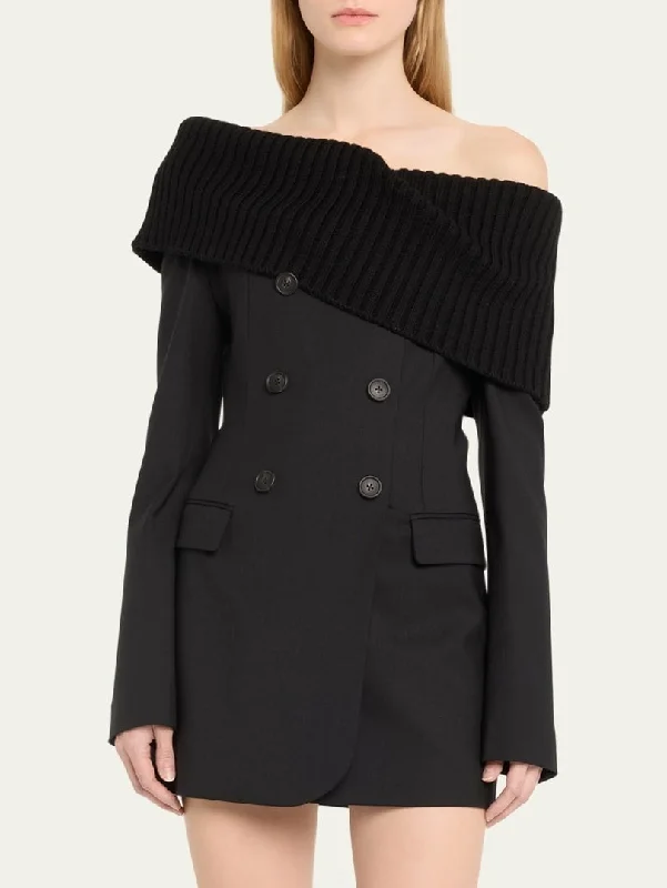 Black Knit Off-Shoulder Double-Breasted Mini Blazer-Dress Women's Elegant Suit