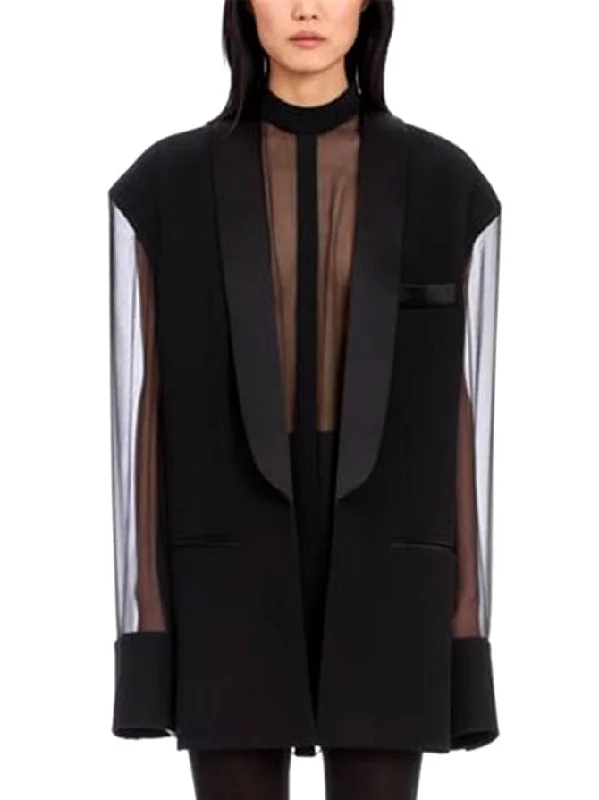 Black Sheer-Paneled Oversize Blazer Dress Women's Casual Suit