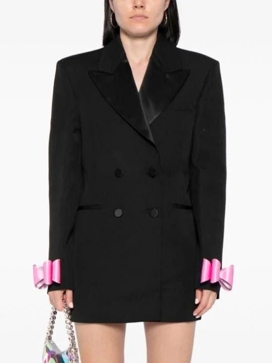 Bow-Cuff Double-Breasted Blazer Dress in Black Women's Advanced Suit