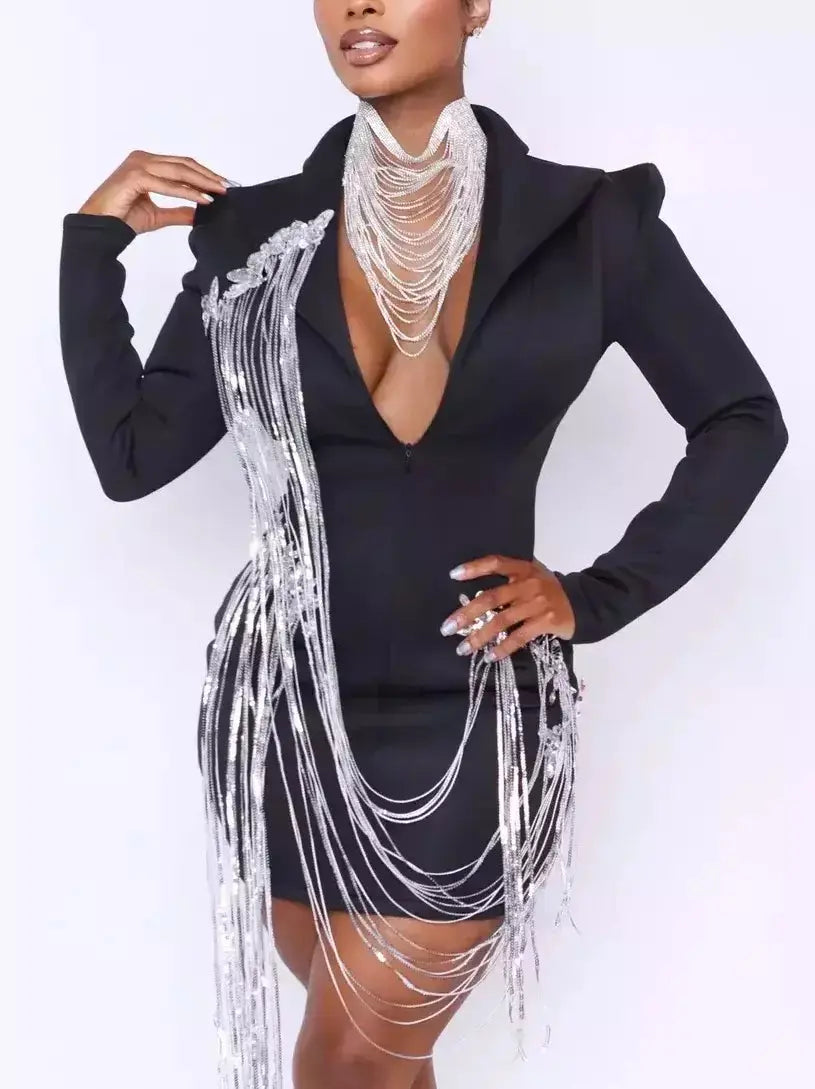 Butterfly Patch Embroidered Draped Crystal Chain Blazer Dress Milan Custom Blazer