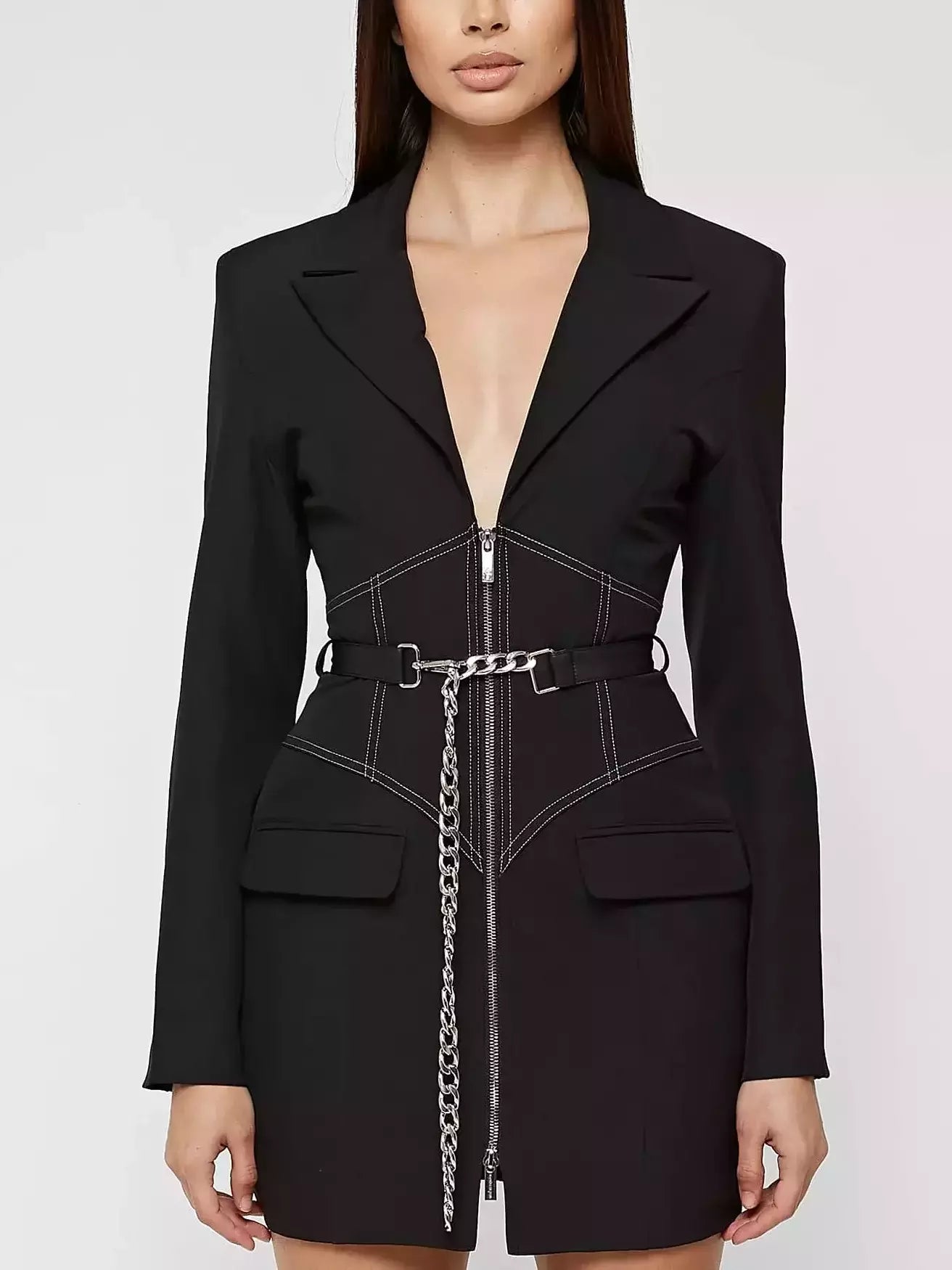 Corset Zip-Front Mini Blazer Dress with Chain Belt Women's Navy Jacket