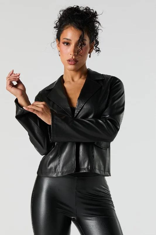 Faux Leather Single Button Blazer Women's Elegant Suit