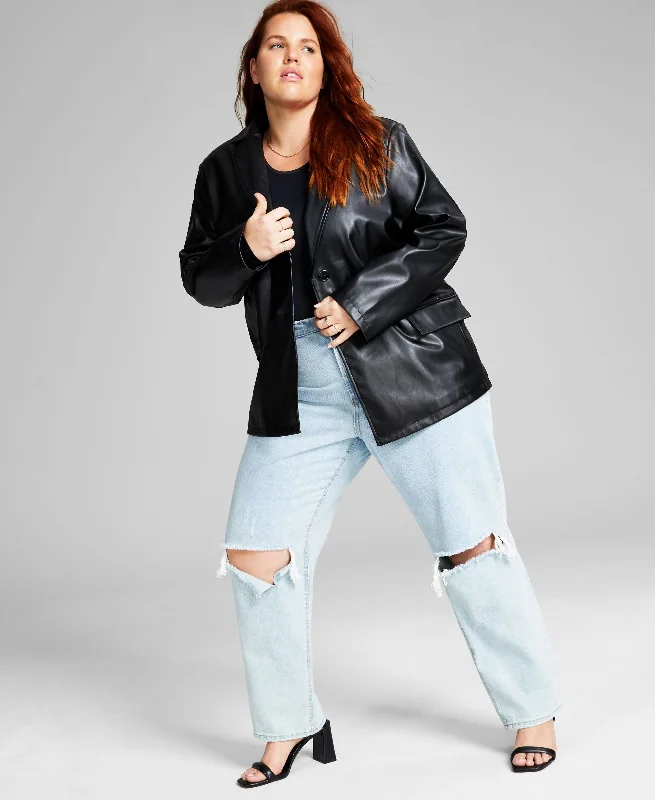 Trendy Plus Size Long Faux-Leather Blazer Women's Premium Blazer
