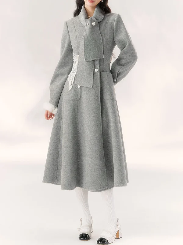 1950S Grey Lace Butterfly Bow Vintage Long Coat Blouse Shirt Tunic