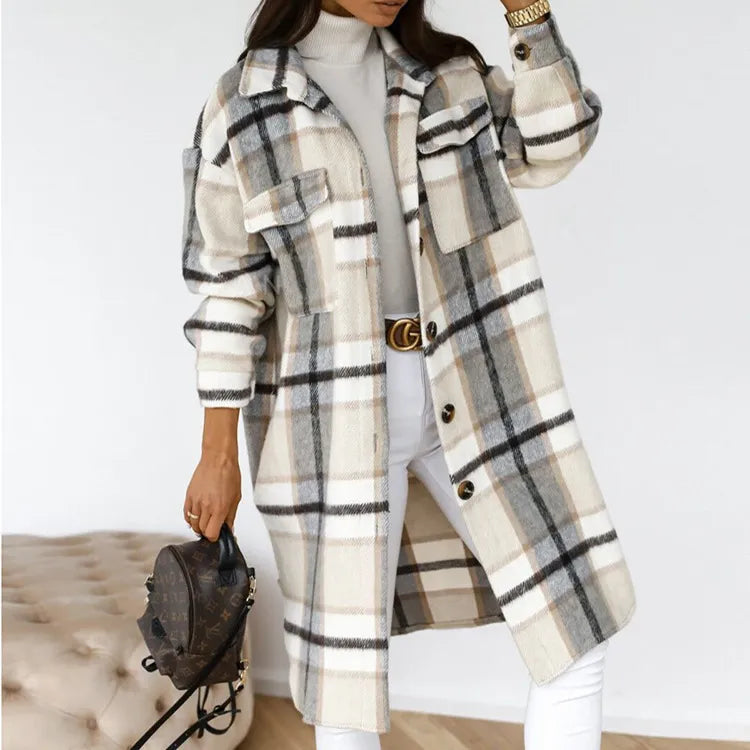 2023 Single Breasted Trench Coat Fashion Long Autumn Winter Women's Clothing Long Sleeve Woolen Plaid Overcoat Coat Kimono Robe Cloak