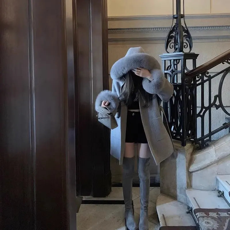 2023 Winter New Women'S Thickened Loose Cashmere Wool Coat With Belt Hooded Short Woolen Cloth Leisure Women Hooded Coat Three-Quarter Sleeve Elbow Sleeve Wrist Sleeve
