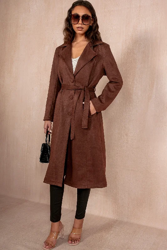 Arianna Chocolate Suedette Belted Coat Zip Front Button Front Snap Front