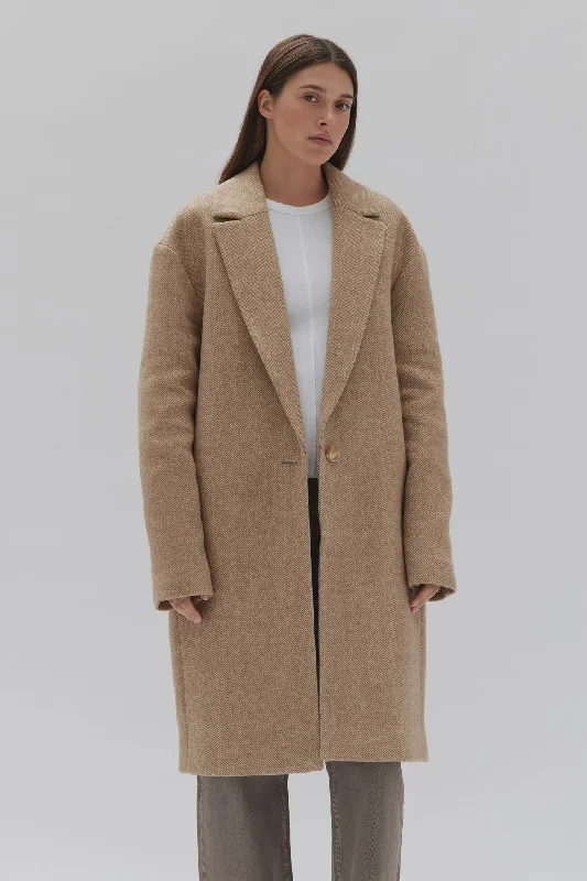 THEA WOOL HERRINGBONE COAT | TAN Asymmetrical Diagonal princess