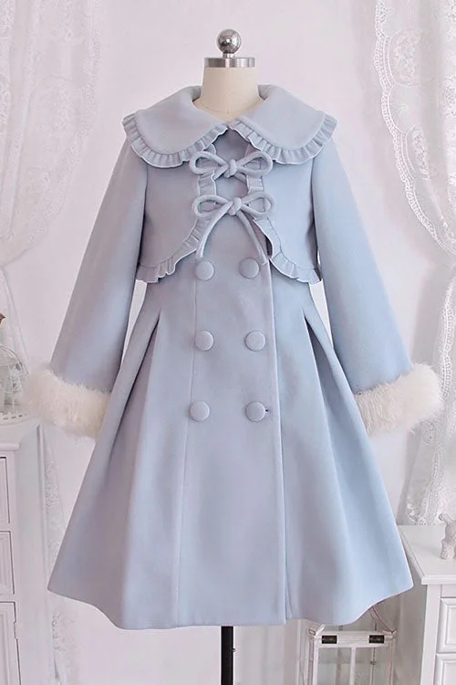 Blue Double Breasted Bowknot Plush Long Sleeves Fake Two-Piece Woolen Lolita Coat Stole Shawl Scarf