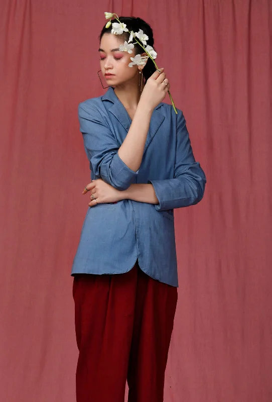 Blue Notched Linen Overcoat Trench Raincoat Windbreaker