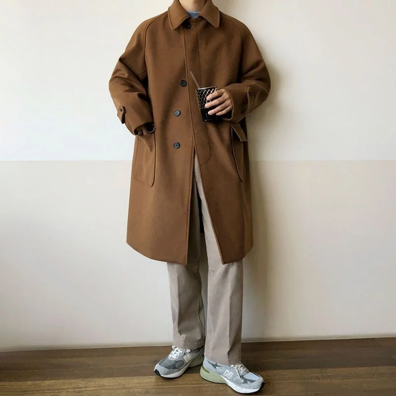 Vireous British Style Men's Woollen Trench Coat Buttoned Zippered Snapped
