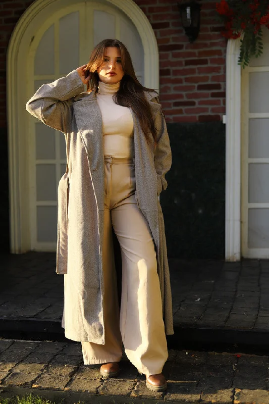Classic Tweed Wool Coat - Keen Tie-Waist Belted Drawstring