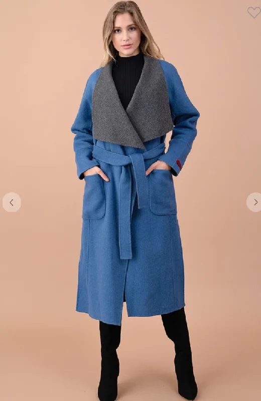 Collared Wool Coat With Belt Solid Print Jacquard