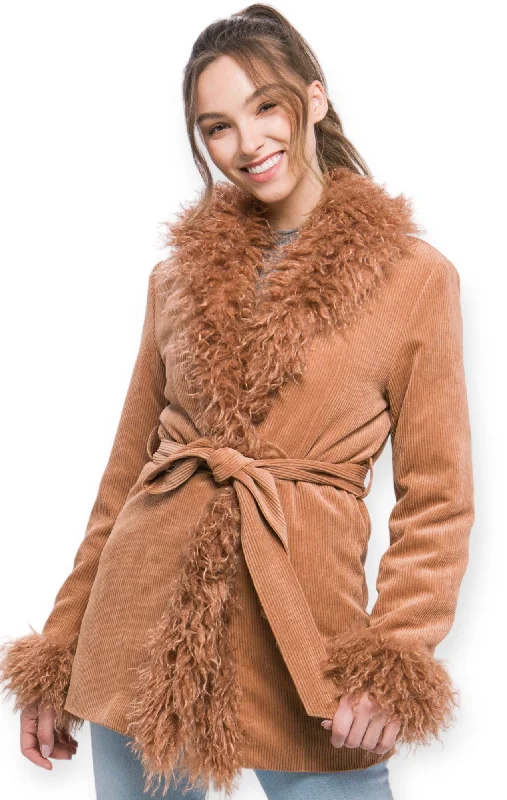 Cypress Corduroy Coat & Fur Lining- Camel Trench Wool Cashmere