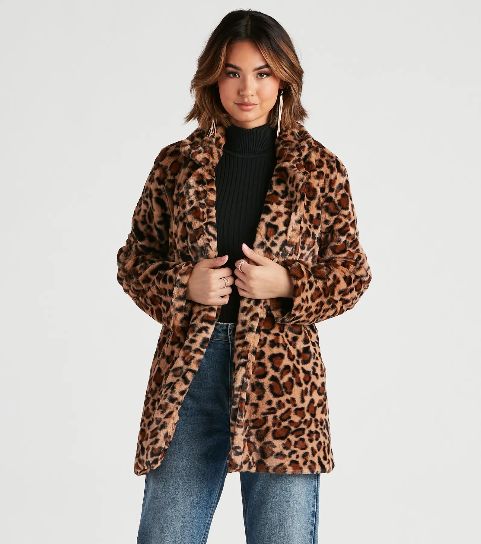 Fabulous Diva Leopard Print Faux Fur Coat Front Pockets Side Pockets Patch Pockets
