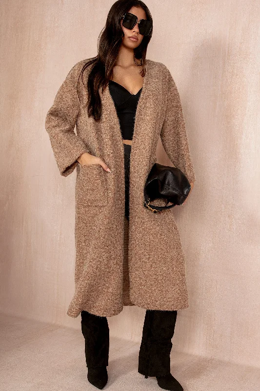 Fiadh Camel Borg Longline Coatigan Three-Quarter Sleeve Elbow Sleeve Wrist Sleeve