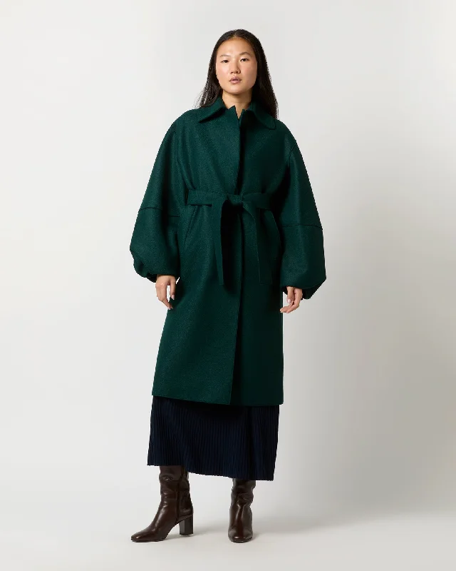 Puff Sleeves Coat in Bottle Green Elasticated Drawstring Belted