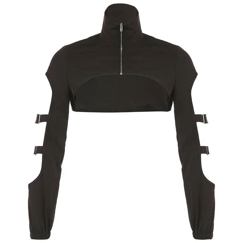 High neck long sleeve hollow out buckle crop coat cut out top Trapeze Tunic Caftan