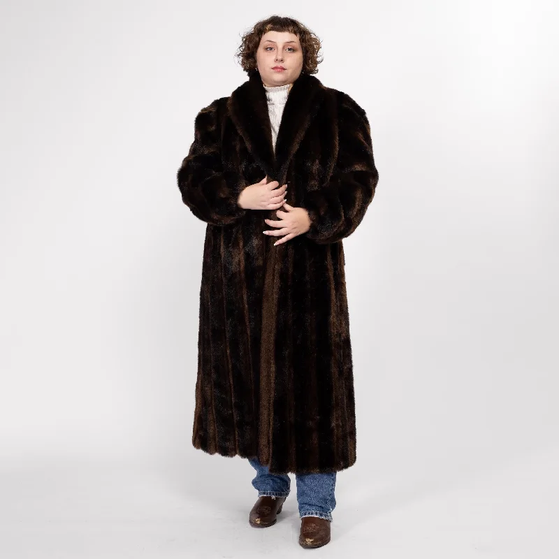 Large 80s Brown & Black Striped Faux Fur Maxi Coat Fitted Loose Oversized