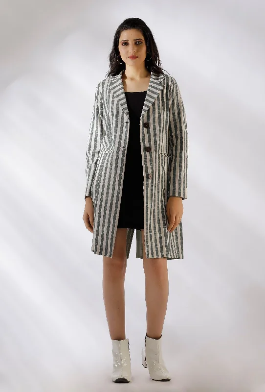 Madilyn Green Striped Pure Woven Cotton Trench Coat Pockets Sleeves Lining