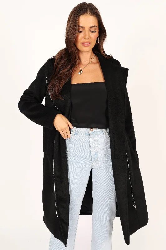 Mila Zip Front Long Coat - Black Turtleneck Jacket Crew Neck Jacket V-Neck Jacket
