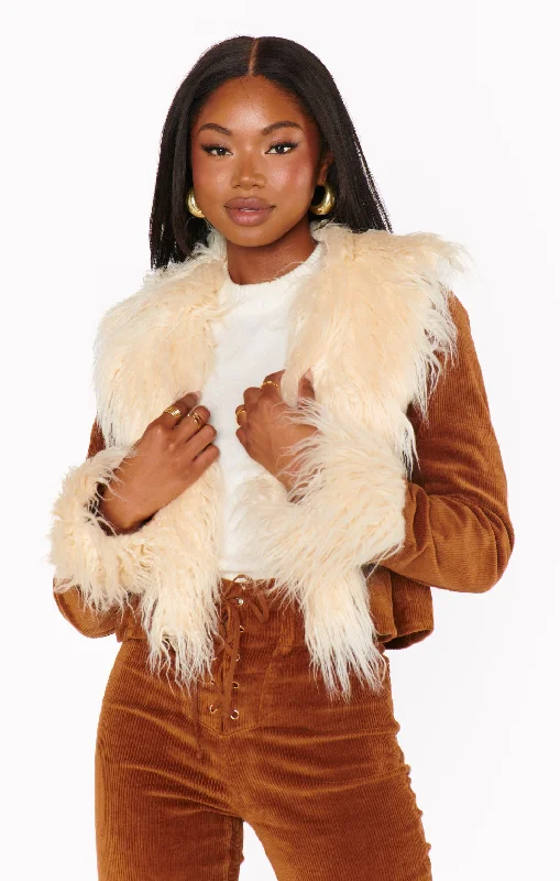 Penny Lane Cropped Coat ~ Saddle Brown Cord w/Faux Fur Sequined Lace Ribbed
