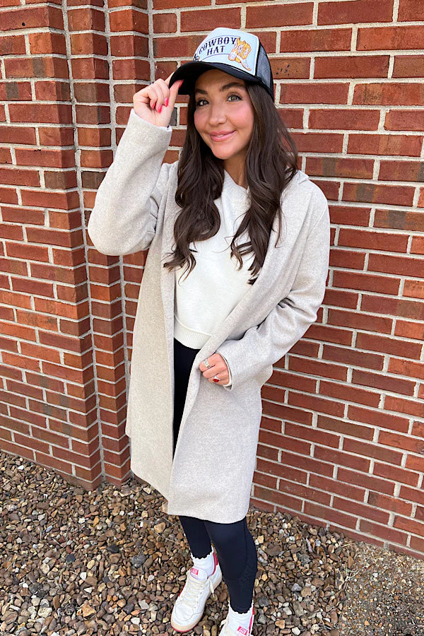 Hey Dad Mid-Length Coat - Taupe Embroidered Appliqued Beaded