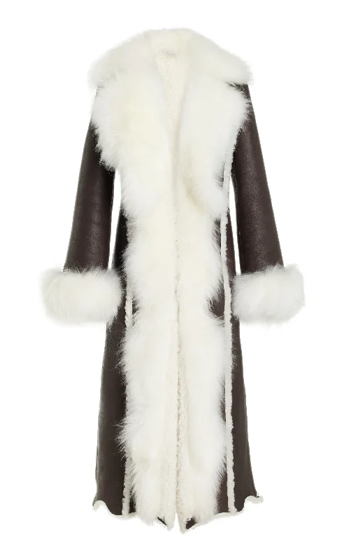 Prufrock Coat in Chocolate & Ivory Cashmere Shearling Appliqued Beaded Sequined