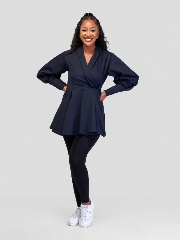 Safari Hawi Peplum Bishop Sleeve Wrap Coat - Navy Blue Suede Faux Fur Shearling