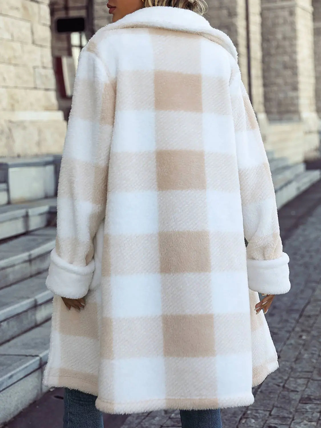 Vireous Single-Breasted Plush Beige & White Women's Long Coat Tweed Herringbone Houndstooth