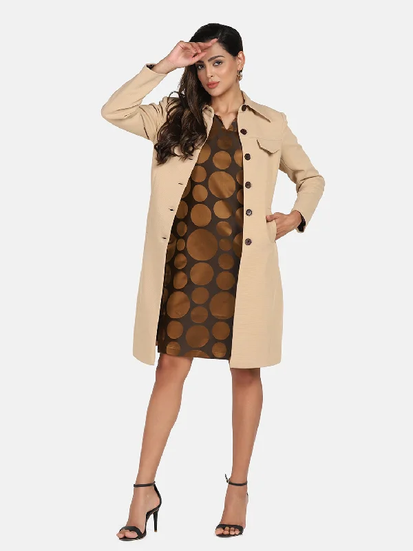 Stretch OverCoat - Beige Plaid Tartan Floral