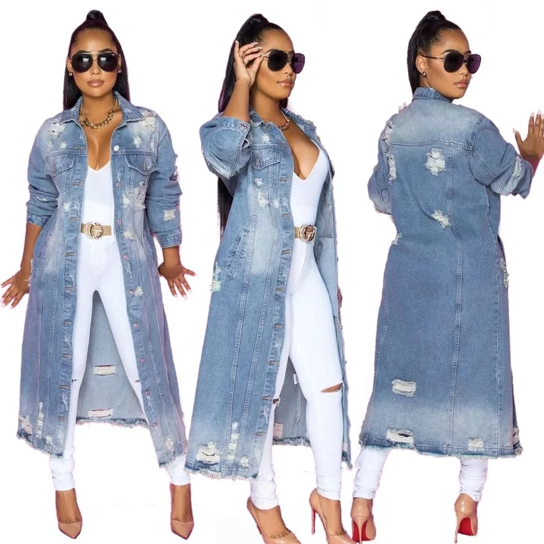 Wholesale fashion women's wear hole long sleeve denim windbreaker coat（CL9263） Collared Crew Neck Turtle Neck