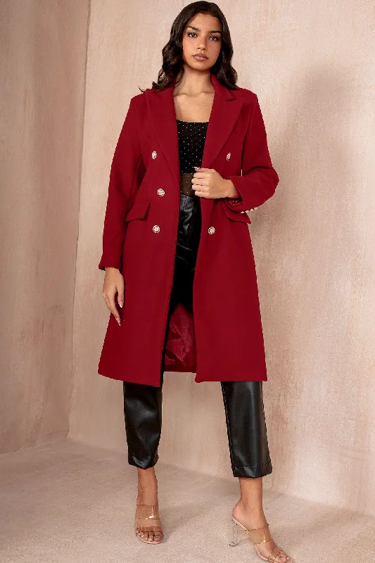 Winona Burgundy Longline Double Breasted Coat Bodycon Sheath Shift