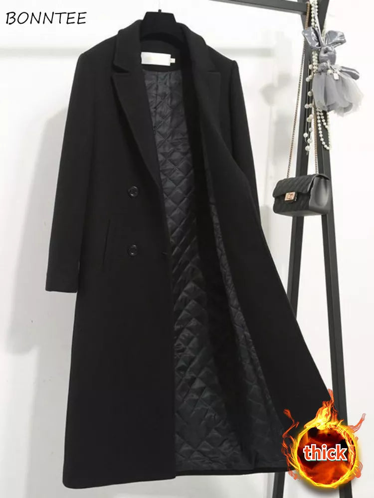 Women Blends Wool Coats Winter Black X-long Minimalist Notched Double Breasted Thicken Elegant Temper Office Ladies British Ins Embroidered Appliqued Beaded