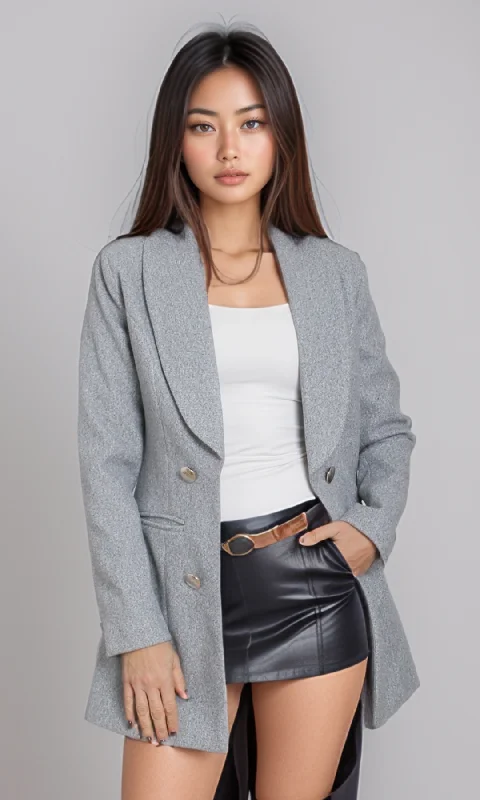 Women Elegant Overcoat (Grey) Buttoned Zippered Snapped
