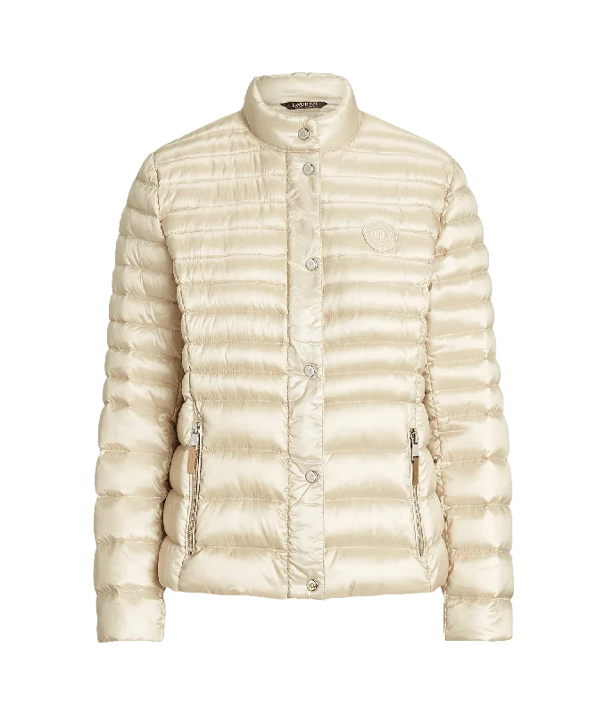 Metallic Mockneck Down Coat - Cream Stand-Up Roll-Neck Turtle