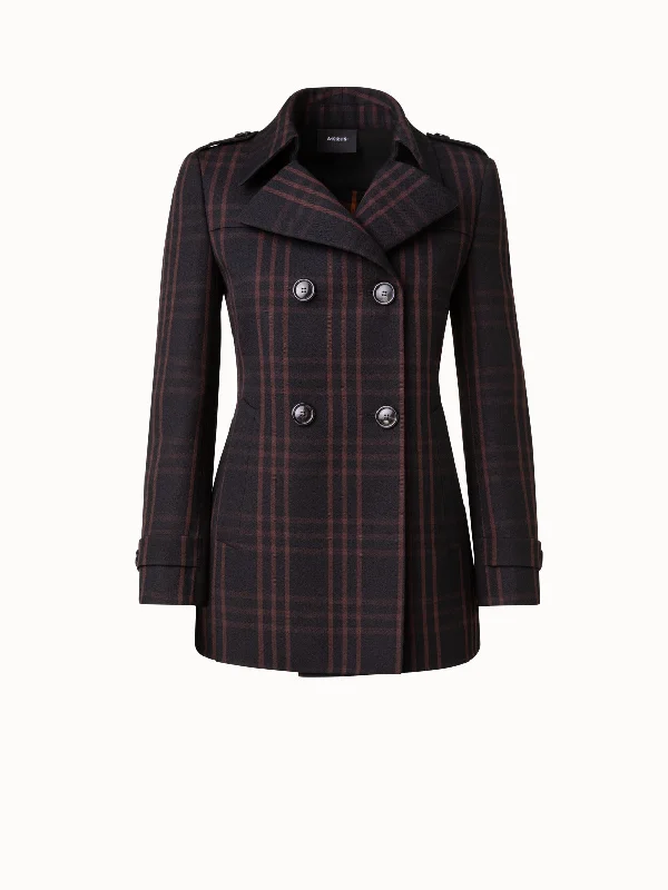 Wool Double-Weave Peacoat with Window Pane Check Tailored Straight A-Line
