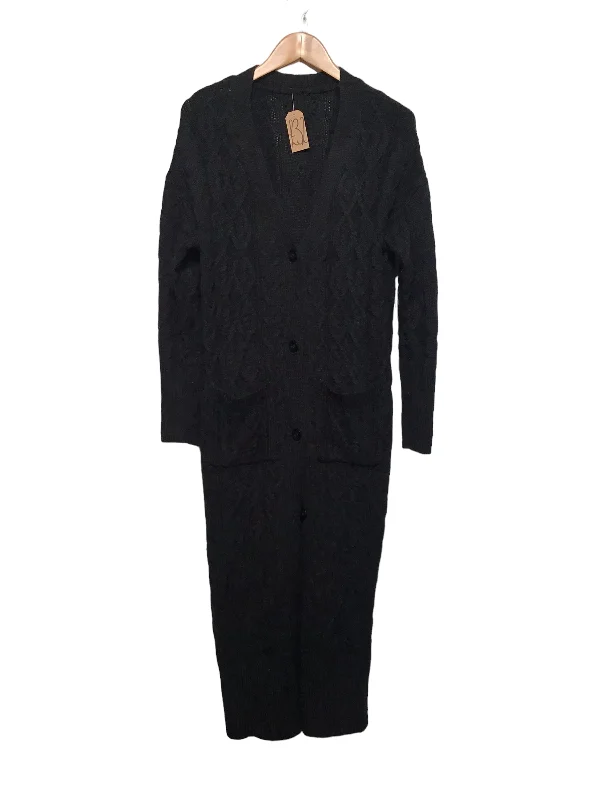 Black Long Length Knitted Cardigan (Size XL) Solid Color Striped Floral Print